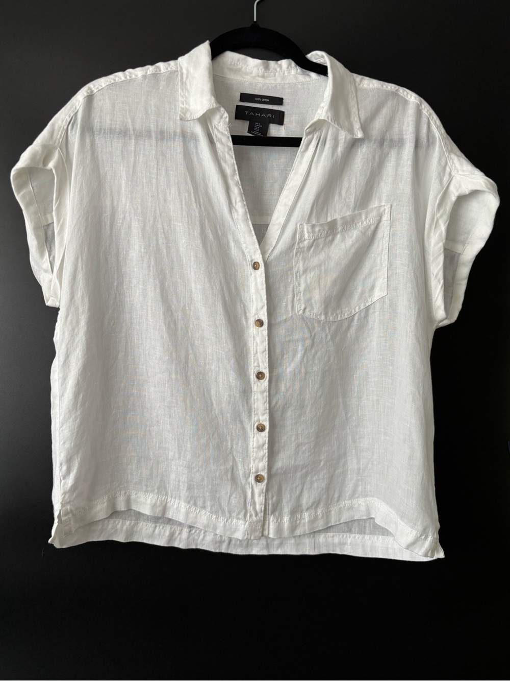 Tahari Linen Button Up Blouse Short Cuff Sleeve Coastal Boho Lagenlook Size S